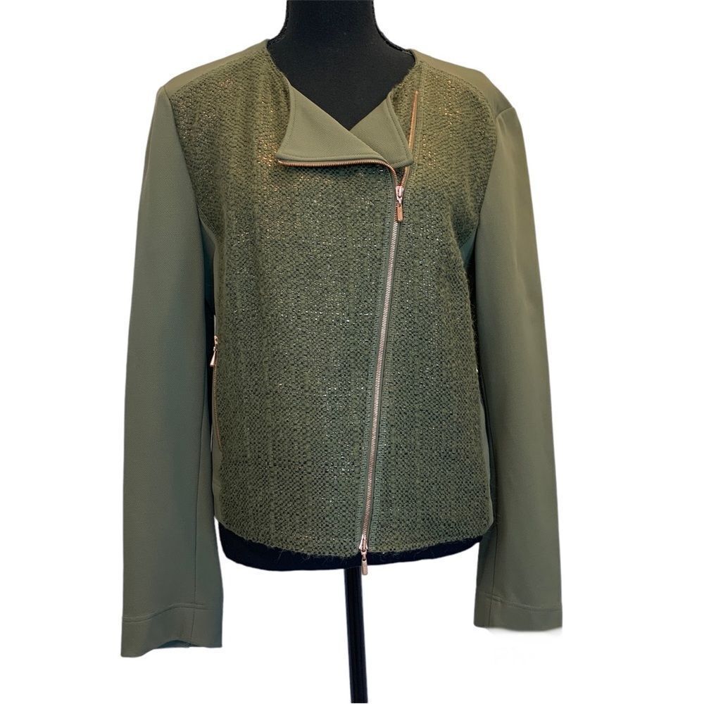 ESCADA Sport Olive Green Rose Gold tweed asymmetrical zipper moto jacket Sz 40